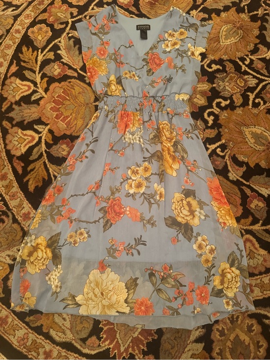 Enfocus Studio Dresses & Skirts - Enfocus Studio Blue Floral Smocked-Waist Dress with Yellow and Orange Blooms